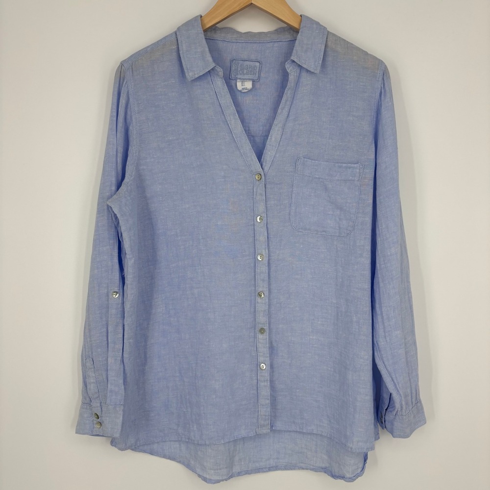 Sigrid Olsen 100% Linen Button Down Shirt Women Large Blue Long Sleeve Coastal